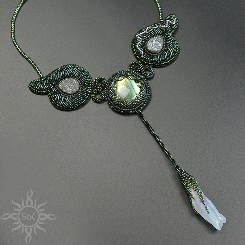 DRUID JEWEL green elvish embroidered necklace with labradorite, aura quartz and hematite beadwork unique OOAK free shipping image 2