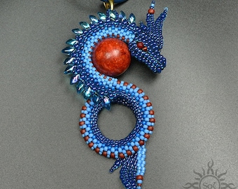 NASAITH - blue red dragon pendant with toho and miyuki seeds and red coral; unique gift, original, handmade, fantasy