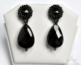 KOL II - beadwoven black earrings with Swarovski and faceted onyx on sterling silver earring posts; unique handmade, original