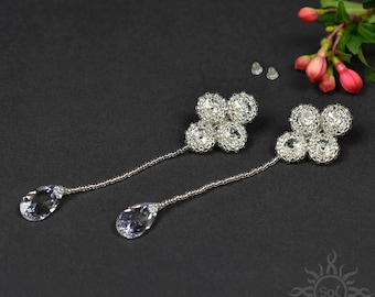 MOONLIGHT - transparent silver dangle long stud wedding beaded earrings with toho seeds and Swarovski crystals on sterling silver posts