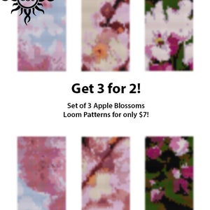 May include: Set of three apple blossom loom patterns. The patterns feature pink, white, and green colors. Get 3 for 2! Loom Patterns for only $7!