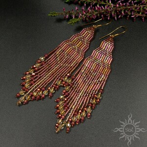 Yávan - pink gold dangle beadwoven fringes earrings with toho and miyuki seeds on 24k gold plated earwires; autumn jewelry