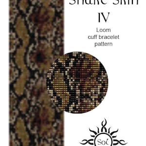 May include: A loom cuff bracelet pattern called "Snake Skin IV" with a brown, black, and beige snake skin pattern. The pattern is designed by Sol.