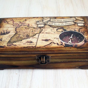 Wooden Box Cash Box Rustic Old Map Treasure Map Compass Wind Rose Brown ...