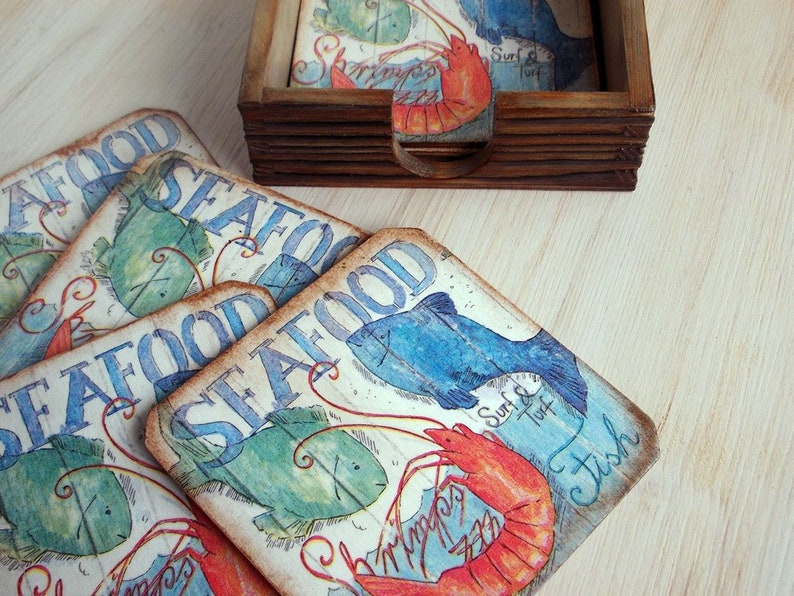 Set of 6 wooden coasters with a nautical theme for beer lovers