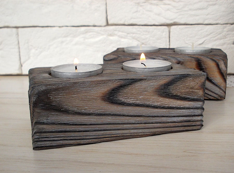 Tea Light Holders 20 cm Height Set of 2 - Decoupage Wooden Square Candle