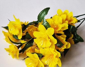 3 tiges de jonquilles - Narcisse jaune réglable, feuilles vertes, fleurs printanières en soie artificielles, accessoires pour cheveux, fournitures, faux motifs floraux