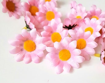 Margaritas rosas - 20 gerberas artificiales de seda, manzanilla pequeña, corona de flores para sombrero de boda con cabezas pequeñas rosas, flores silvestres