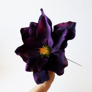 1 Silk Magnolia ON STEM, Artificial Silk Flower /head, Big Magnolia Dark Purple 7&quot; Floral DIY Wedding Hair Accessories Supplies Faux Fake