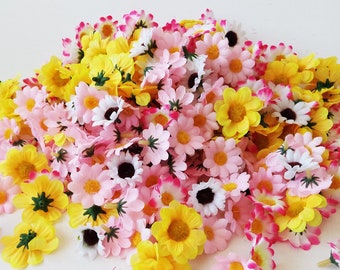 GRAB BAG 360 Mini Flower Heads Mix White Pink Daisies Sunflowers, Yellow Violas Silk Artificial Floral Supply Hair Accessories Bulk