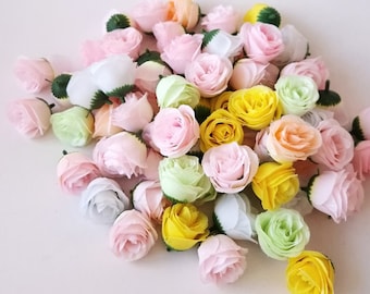 GRAB BAG 70 Rose Heads, Flower Heads Mix White Pink Green Peach Soft Orange Colors, Silk Artificial Floral Supply Hair Accessories Bulk