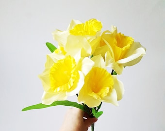 Narcisse jaune - Feuilles vertes, fleurs printanières artificielles, jonquilles en soie artificielle, accessoires floraux pour cheveux, articles truqués