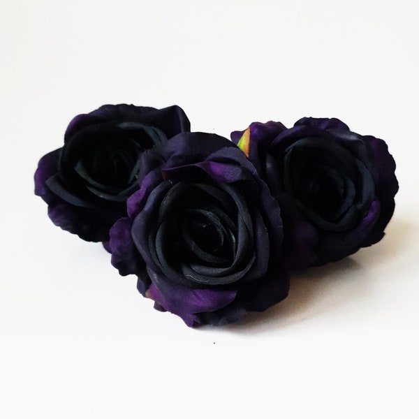 8 Gorgeous Black Purple Silk Rose Heads, Artificial Flowers Dark Color, Wedding Roses Supply, DIY Faux Fake Floral Accessory Real Touch