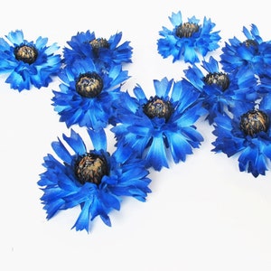 May include: A collection of ten blue artificial flowers with brown centers. The flowers are arranged in a cluster on a white background.