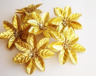 25 Gold Poinsettias Artificial Silk Flowers Little Red Flower Shiny Supplies Fake Winter Flowers Christmas Xmass  Floral Accessory Holiday