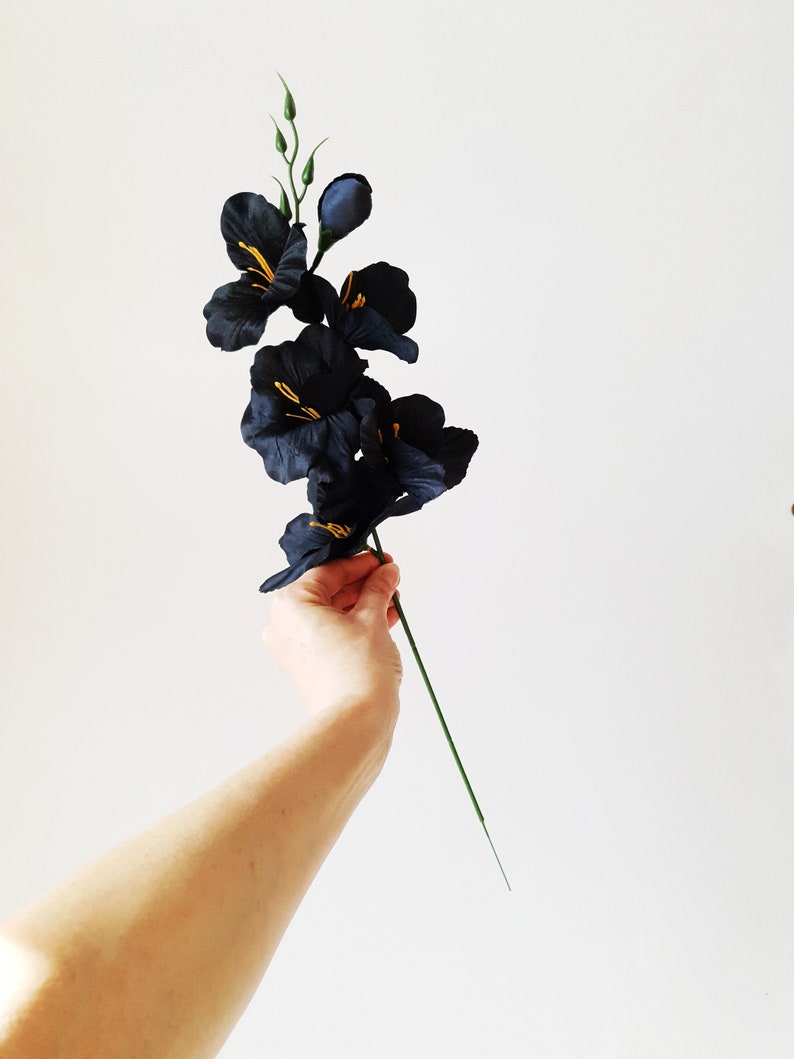 May include: A single stem of black silk gladiolus flowers with gold accents. The flowers are arranged in a cluster with buds at the top of the stem.