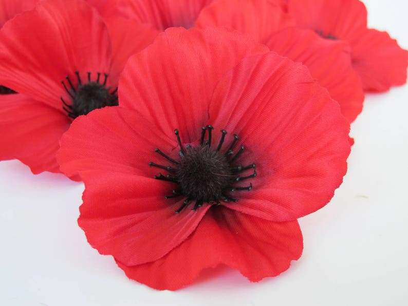50 Red Poppies Silk Artificial Flowers Silk Fabric Poppy Black Etsy