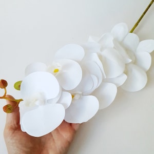 1 Latex Orchid Branch 9 Large Heads 38in Single Stem White Artificial Faux Flower, Fake Flowers Branch, Phalaenopsis, Butterfly Orchids Bush