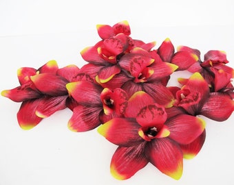 10 Orchids Artificial Silk Flowers Red Green Orchids Measuring 6.3" Floral Hair Accessories Flower Supplies Faux Fabric DIY Wedding