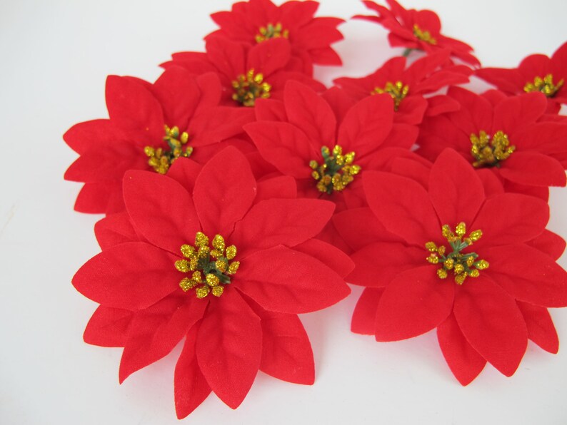 Poinsettias 36 Red Velvet Artificial Silk Flowers 3 Gold Etsy