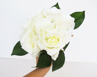 White Silk Roses Bouquet Artificial Silk Flowers Bouquets 7 blossoms Green Leaves Flower Wedding Bouquets Home Party Decoration Decor