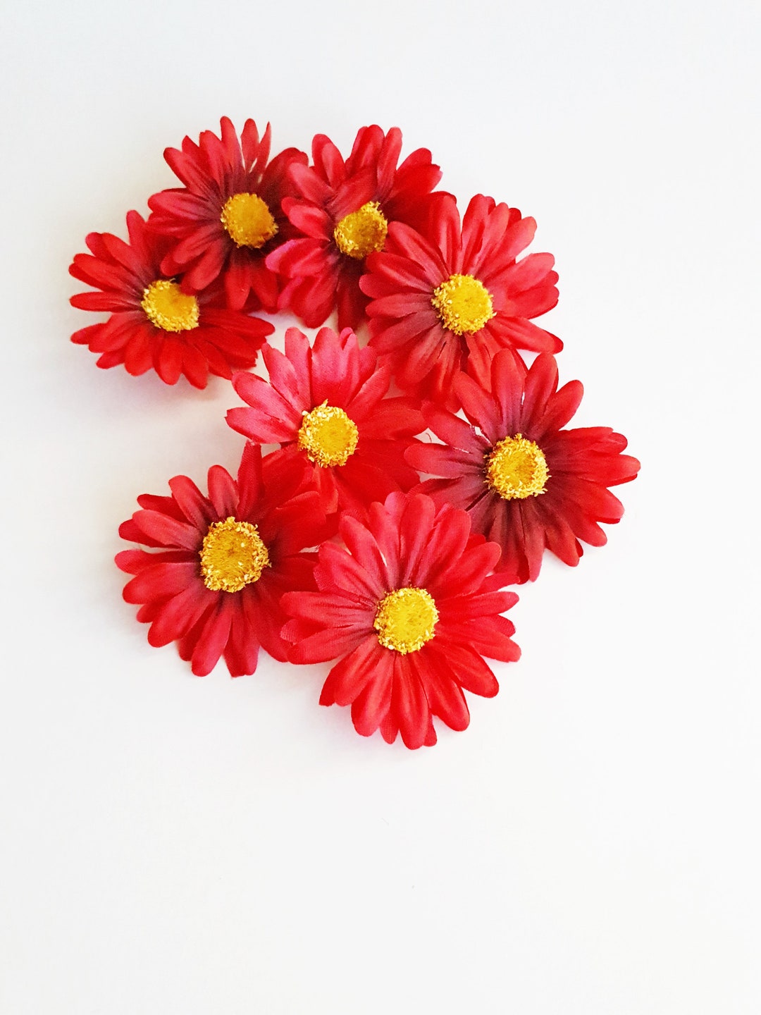 20 Dark Red Daisies, Artificial Daisy, Silk Flowers, Chamomile Yellow