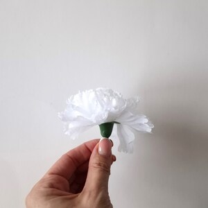 May include: A single white carnation flower with a green stem.