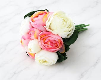 Artificial Ranunculus Bouquet, Silk Flowers, Faux Buttercup Stems, Wedding Decor, Fake Flower for DIY Arrangements, Summer Flowers