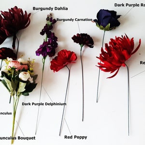 Artificial Flowers, Silk Bouquet, Poppy, Rose, Ranunculus Heads, Wire Stems, Burgundy, Red, Purple Arrangement, DIY Realistic, Everlasting