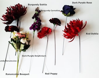 Artificial Flowers, Silk Bouquet, Poppy, Rose, Ranunculus Heads, Wire Stems, Burgundy, Red, Purple Arrangement, DIY Realistic, Everlasting