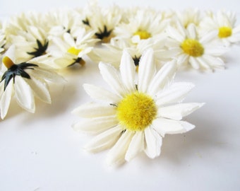 Daisies - 15 Little Silk Flowers Blossoms Ivory Creamy Yellow Green 1.8"  Floral Hair Accessories Supply Flower Suplies
