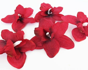 10 Orchids Artificial Silk Flowers Dark Red Orchids Measuring 6.3" Floral Hair Accessories Flower Supplies Faux Fabric DIY Wedding