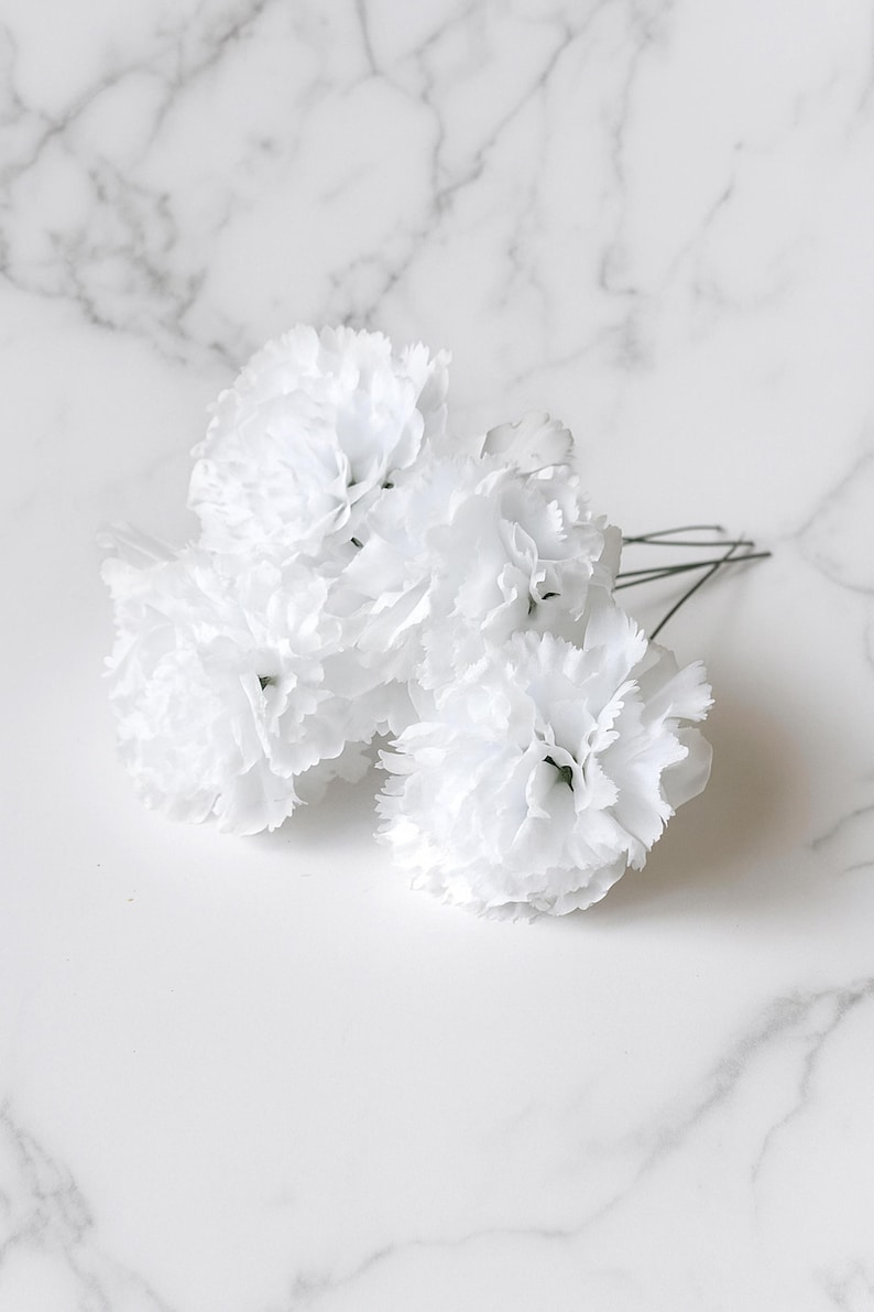 10 Artificial Carnation Heads on Stems Silk Flowers Medium White 3.3" Floral Hair Accessories Flower Supplies Faux Dianthus image 1