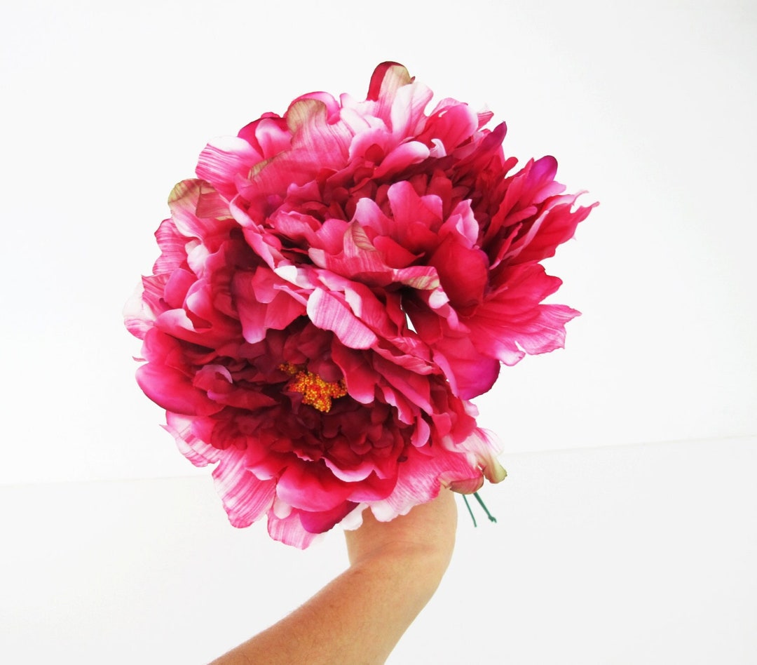 8 Dark Pink Silk Peonies Big Artificial Flowers Peony Pink Yellow
