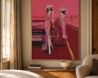 Dipinto ad olio "Pink Desert Cowgirl", due donne western in abiti da cowboy vicino a un'auto d'epoca, quadro da parete per viaggio in auto per camera da letto e soggiorno.