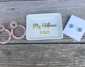 Rectangle Personalized Ring Dish with Date- Ring Dish- Bridal Shower Gift- Wedding Gift-Engagement Gift-Disney  Bride to Be Gift