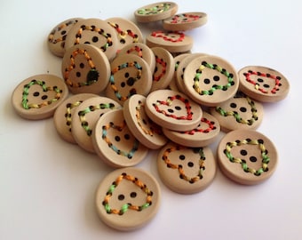 10 x stitched heart wooden button 20mm