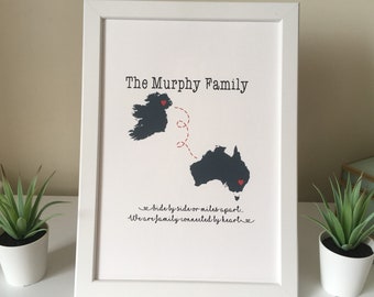 Family across the miles- Ireland- Australia - miles apart personalised framed print- distance - emigration gift