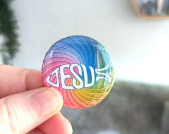 Christian Jesus Fish Bright Rainbow button badge 38mm