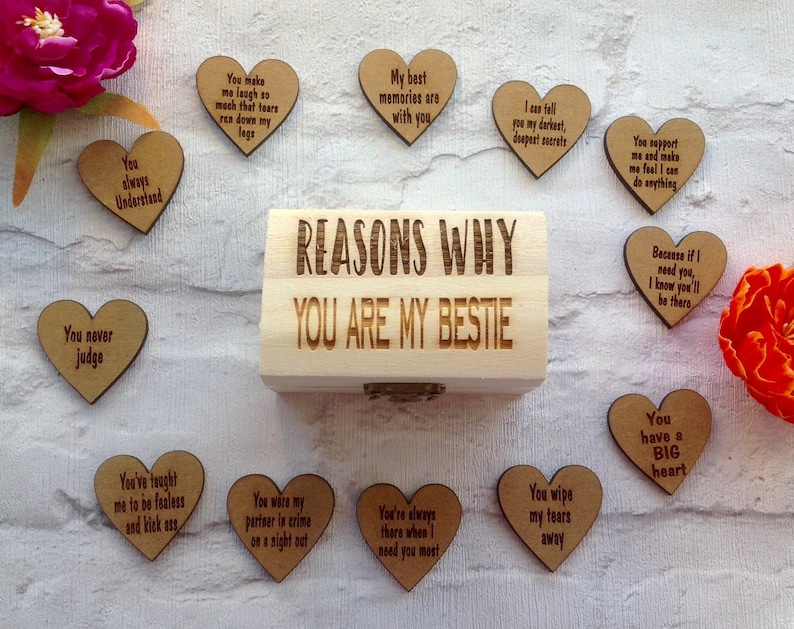 Reasons why you are my bestie.... personalised keepsake chest and wood hearts best friend gift valentines image 7