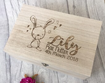 Engraved bunny rabbit wooden baby box - personalised memory box- time capsule keepsake box