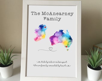 Family across the miles- Ireland- Australia - miles apart personalised framed print- distance - emigration gift - Rainbow Edition