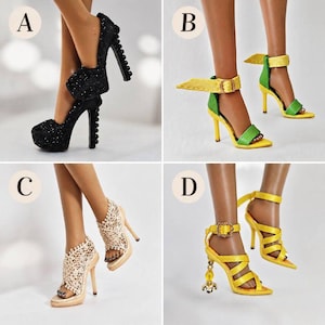 May include: A collection of four doll shoe styles: A features black glitter platform heels with beaded accents; B shows yellow and green sandals with ankle straps; C displays beige lace-up heels; D presents yellow strappy sandals with decorative heels.