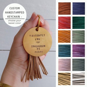 Custom Keychain - Choose Your Quote - 2&quot; Solid Brass Hand Stamped - Key Ring - Suede Tassel