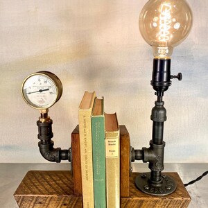 Handmade Bookend Pipe Light - Bookend Light - Unique Bookends - Pipe and Wood Bookends