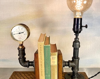 Handmade Bookend Pipe Light - Bookend Light - Unique Bookends - Pipe and Wood Bookends