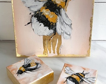 Bee Collection Paintings - Thick Acrylic Paint - Gold Foil Edge