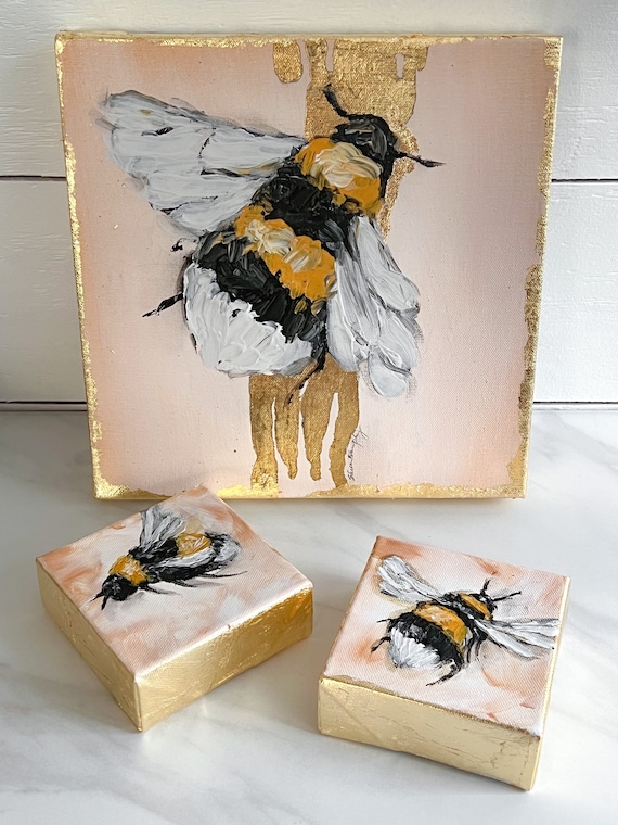 Bee Collection Paintings Thick Acrylic Paint Gold Foil Edge 
