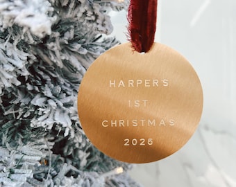 Baby’s First Christmas Brass 3" Ornament - Engraved Child’s 1st Christmas - Personalized Gold Ornament - Engraved Brass Christmas Ornament