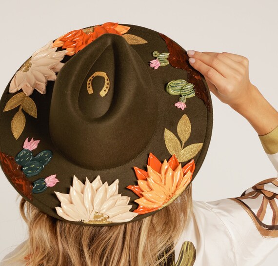 Hand painted wide brim rancher Desert Wide Brim Hat - Eye Rancher Hat - Flowers Boho Hat  main image 2